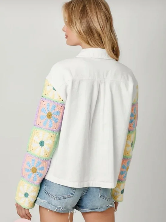 Mystree White cotton lightweight Jacket with Pastel Crochet Sleeve Accents nwt - Picture 3 of 3